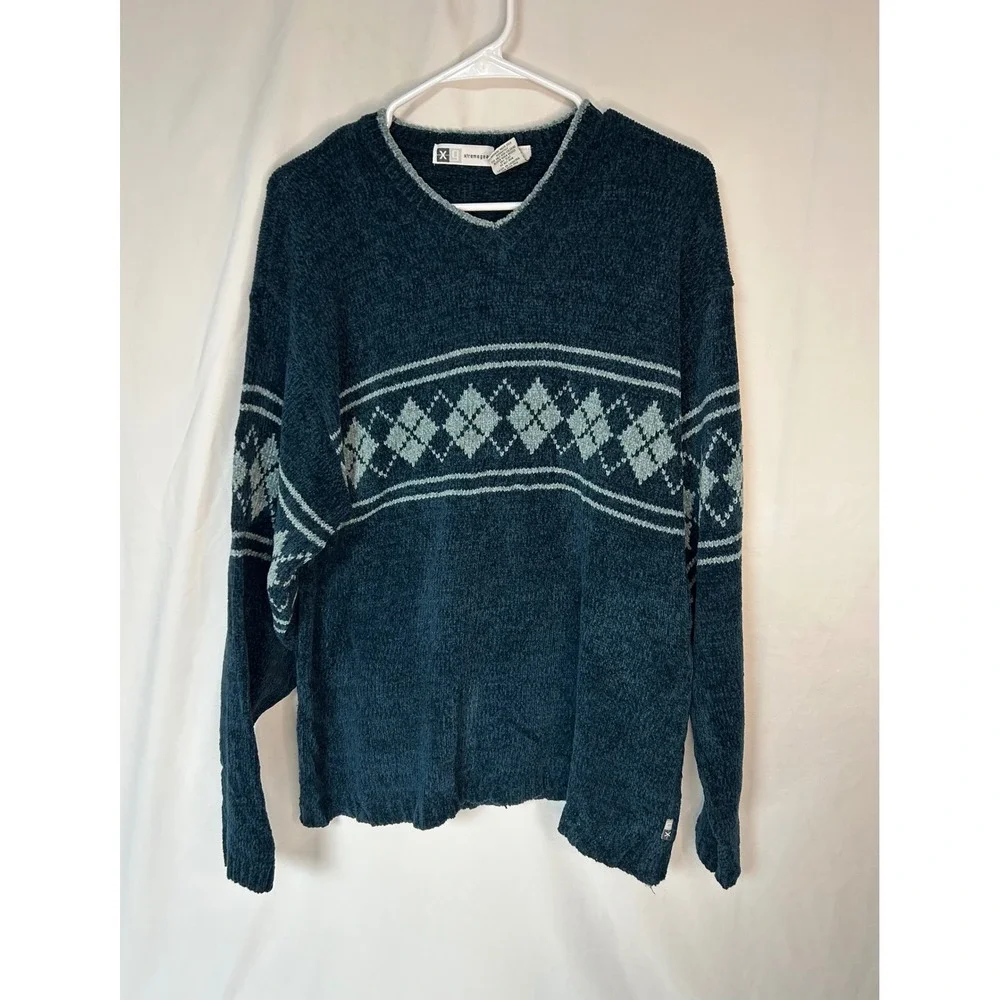 Xtremegear Mens Teal Chenille Argyle V-Neck Sweater Vintage Style Knit Nordic L